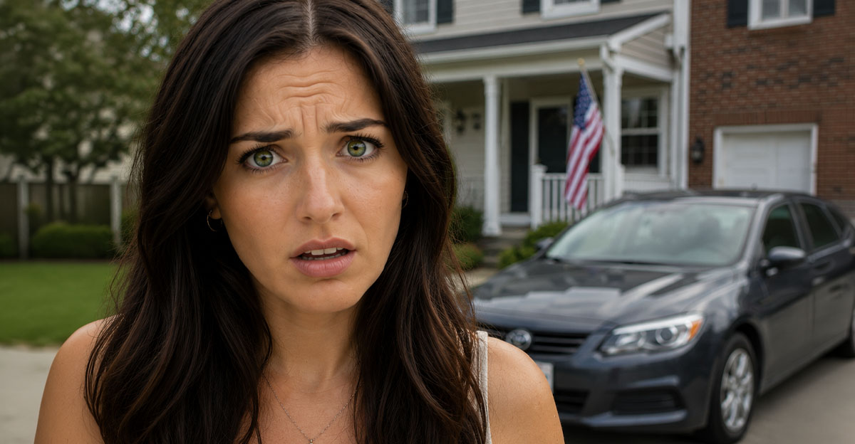 Confused woman with a car in the background
