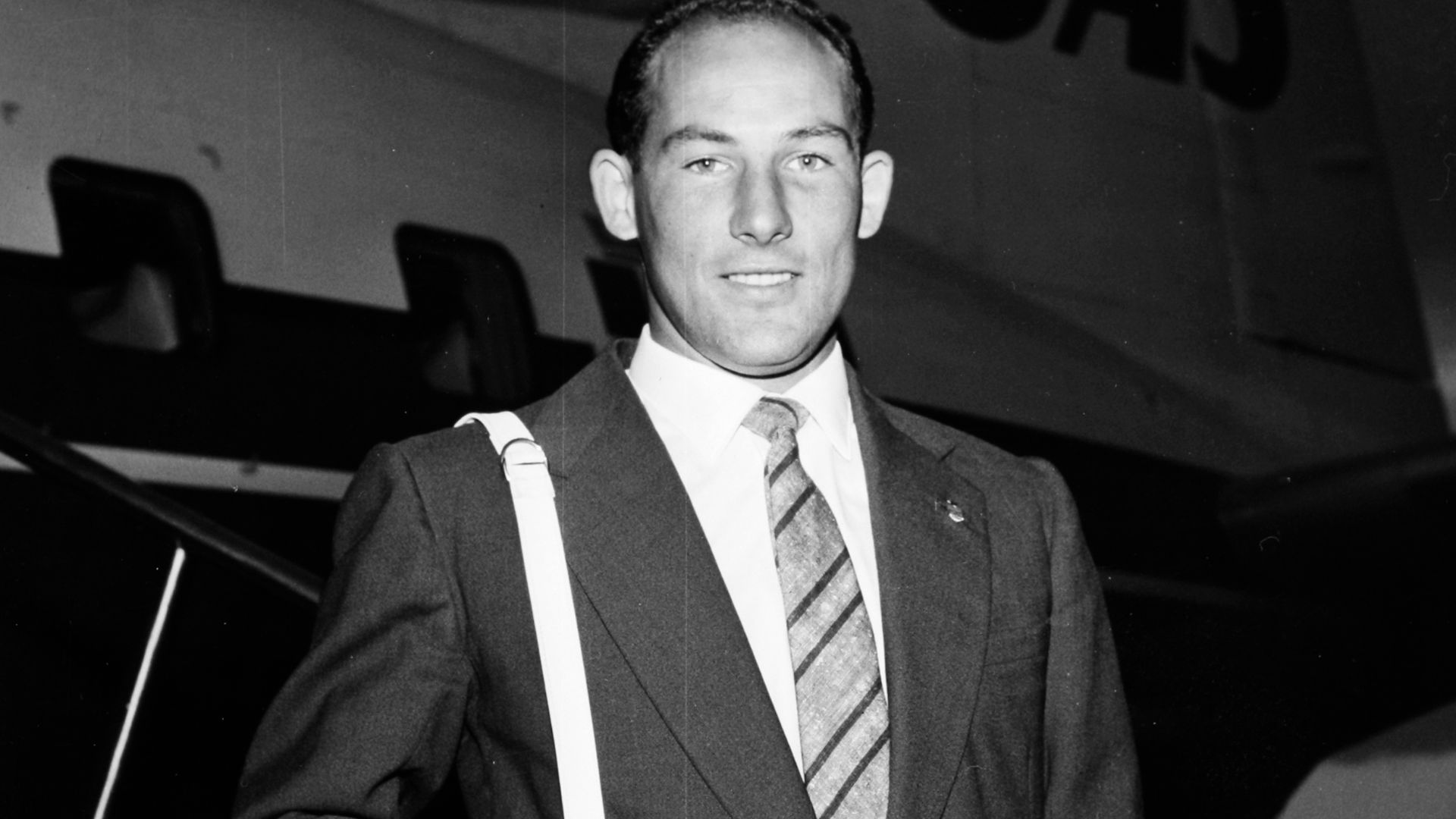 Stirling Moss, mototor racing driver, United Kingdom, at Kastrup Airport CPH, Copenhagen, Denmark.