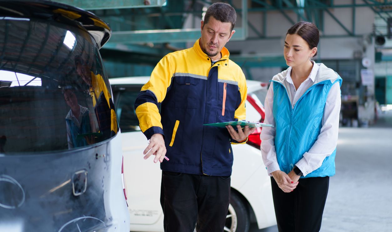 Claim insurance or technician talking to female client to discuss about her accident vehicle in garage.
