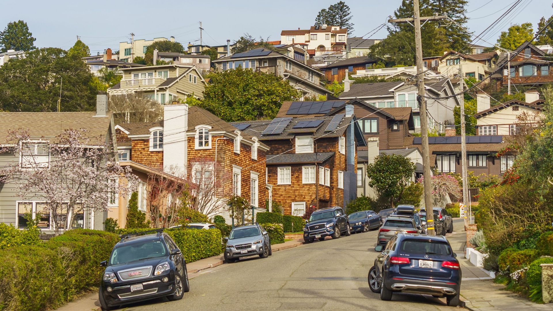 A picturesque hillside neighborhood with classic homes and parked cars on a calm, sunny day.