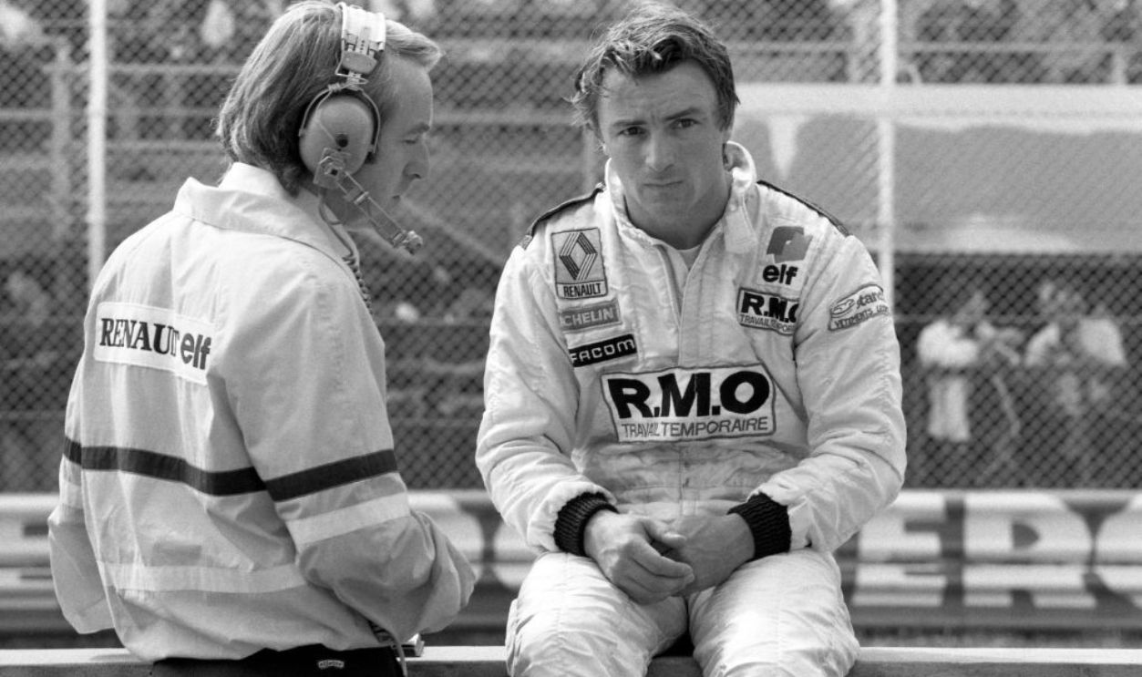 French Formula One driver René Arnoux during the Italian Formula One Grand Prix with the sporting director of the Renault team Gerard Larousse, Imola, September 14, 1980. 