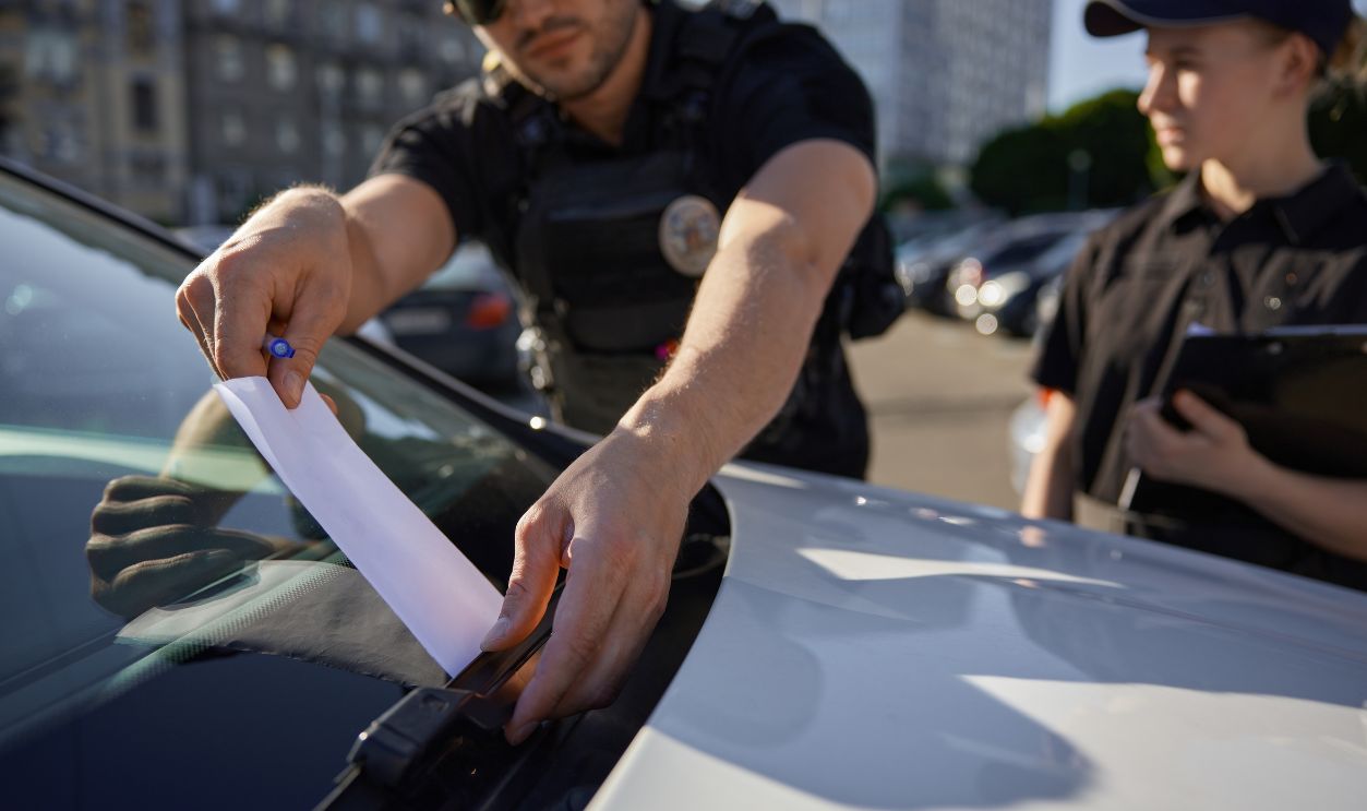 Patrolman and patrolwoman putting fine for car parking in wrong place