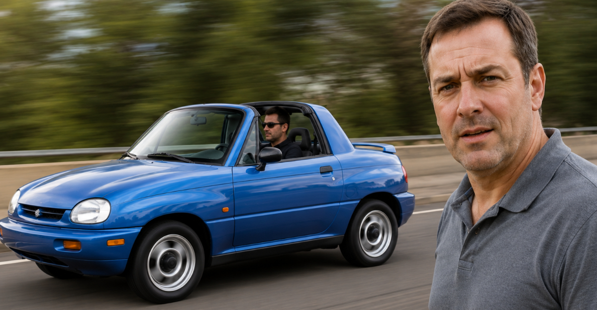 Suzuki X-90 going by fact, man forground look at camera