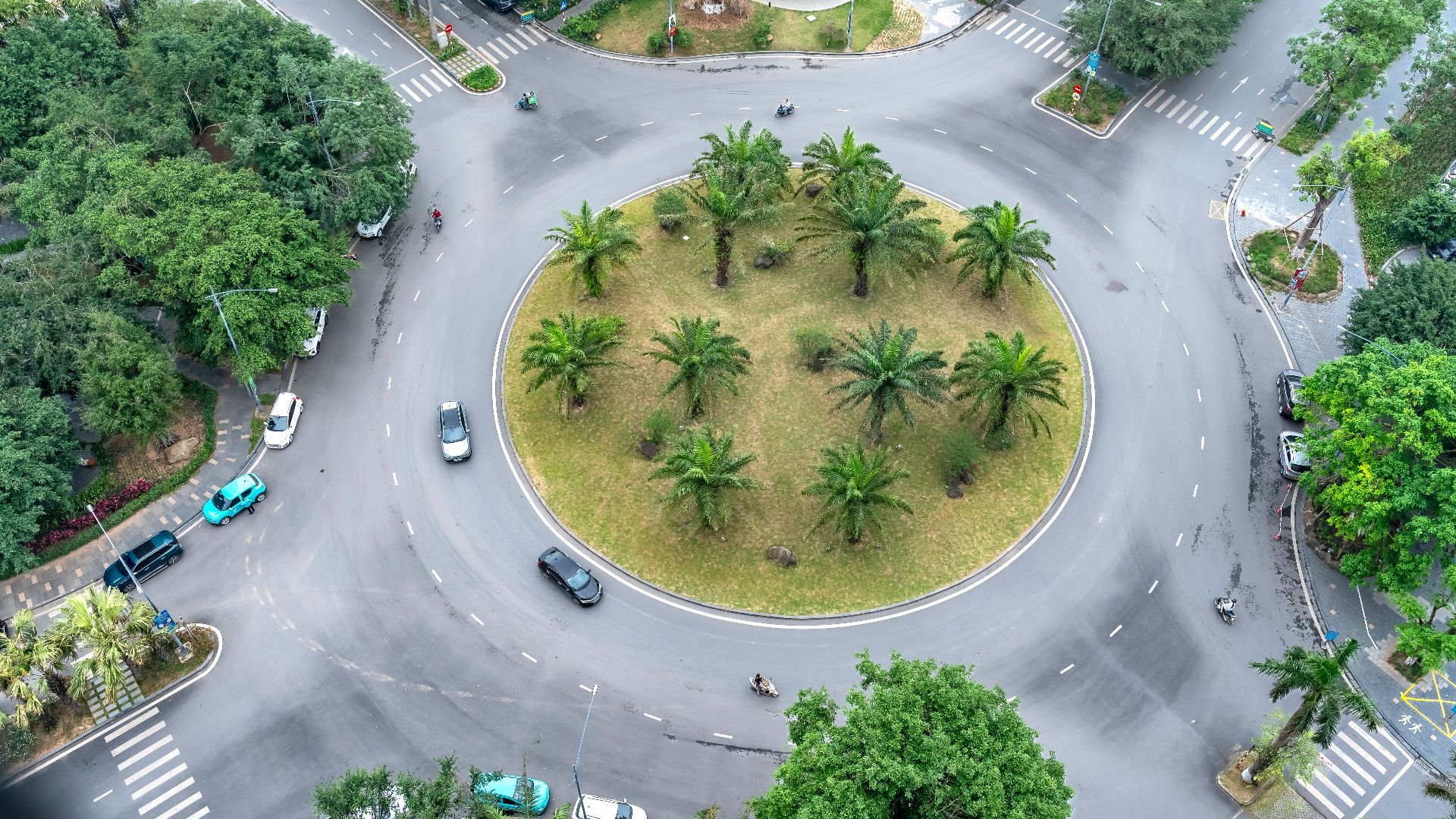 Aerial shot of a roundabout with palm trees surrounded by city streets.