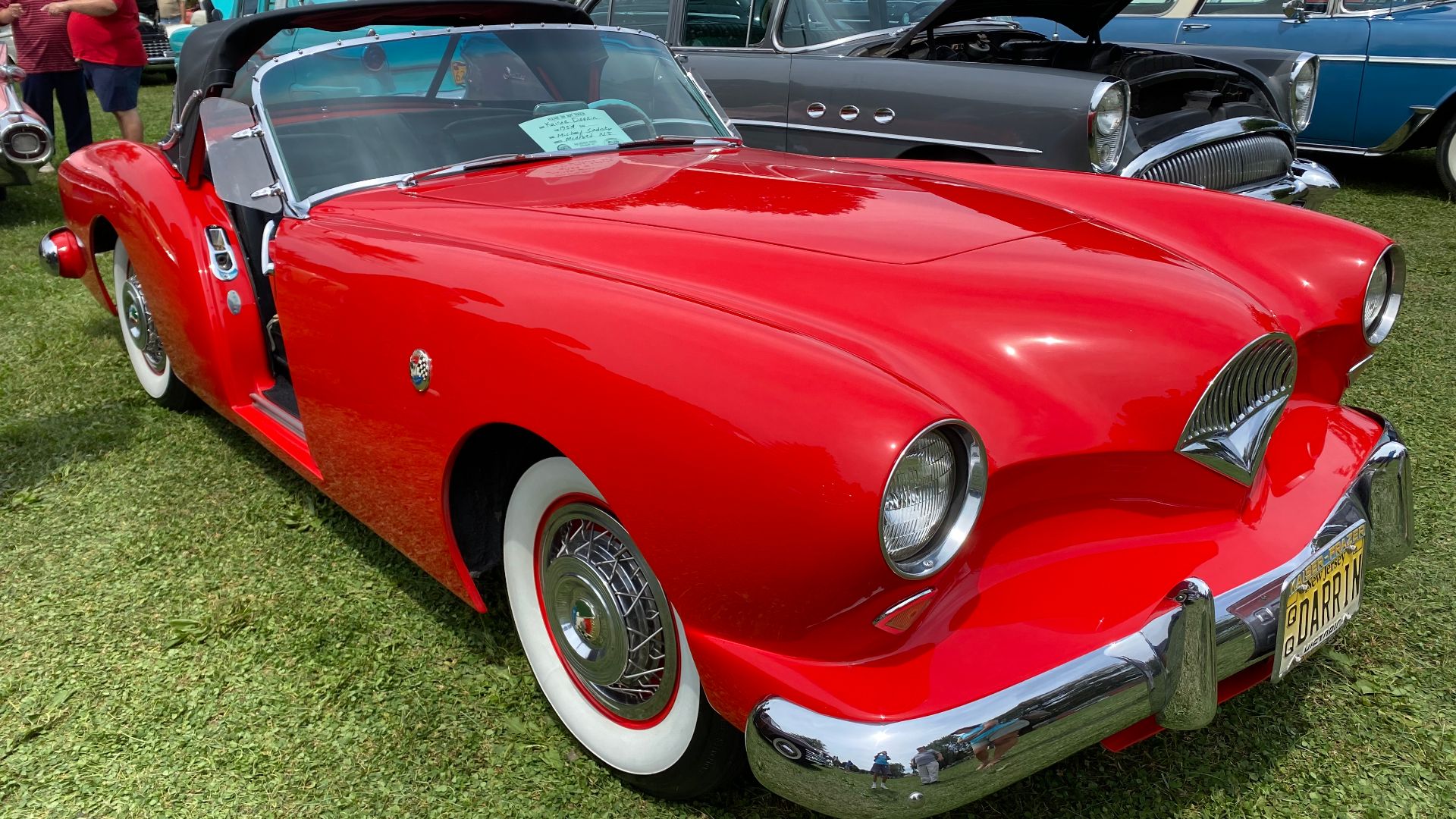 1954 Kaiser Darrin finished in red with black top and interior trim. These pictures were taken at the 2021