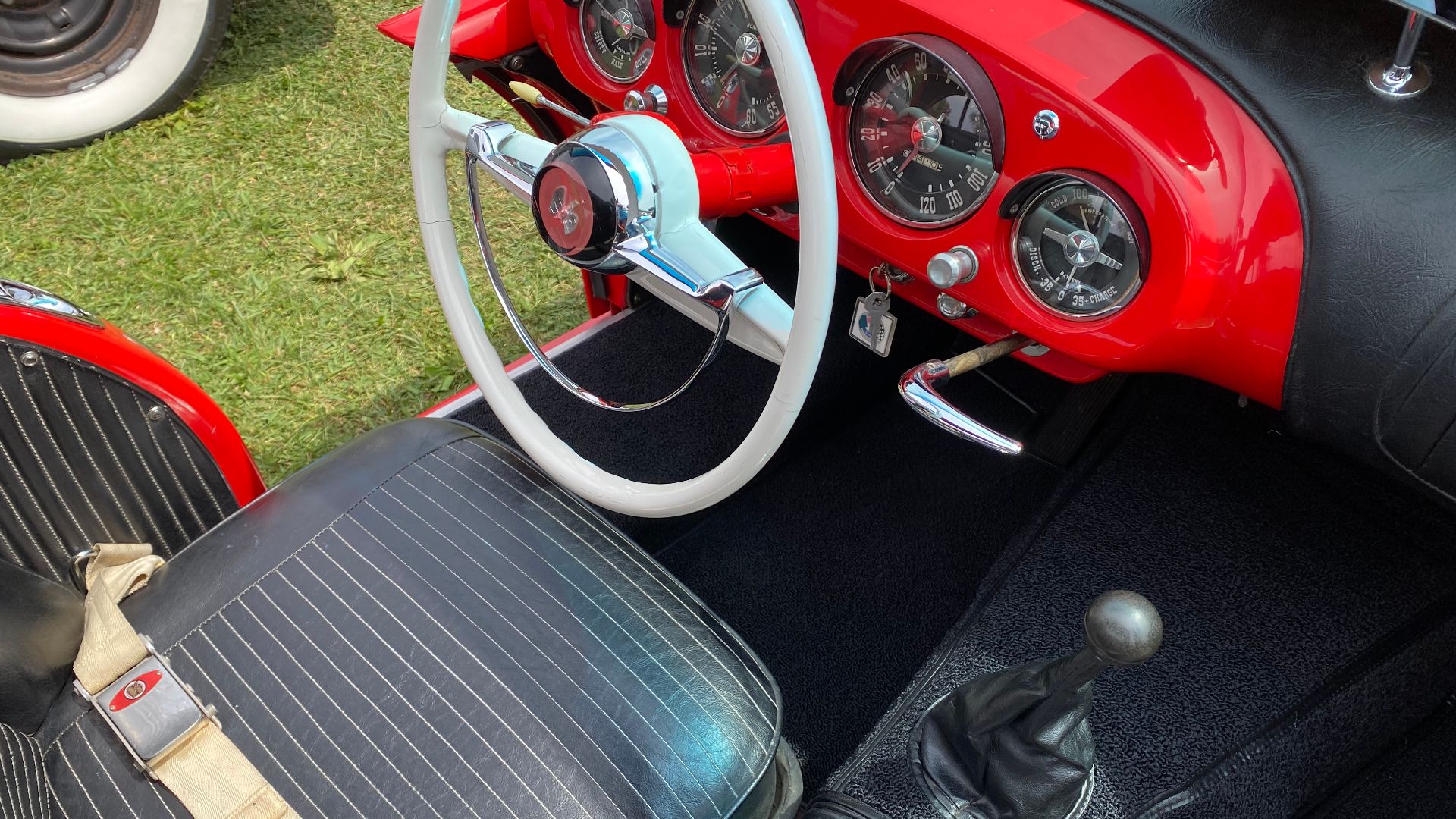 1954 Kaiser Darrin finished in red with black top and interior trim. These pictures were taken at the 2021