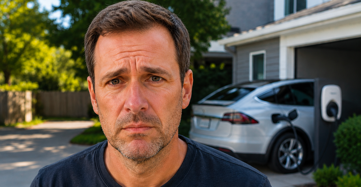 Concerned man on neighborhood street in front of a charging EV