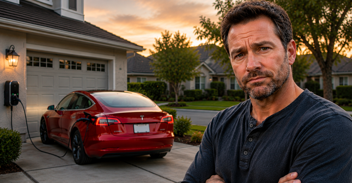 Man with arms crossed standing in front of charging EV