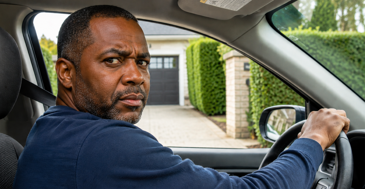 AI-generated image of Black man driving car, looking frustrated