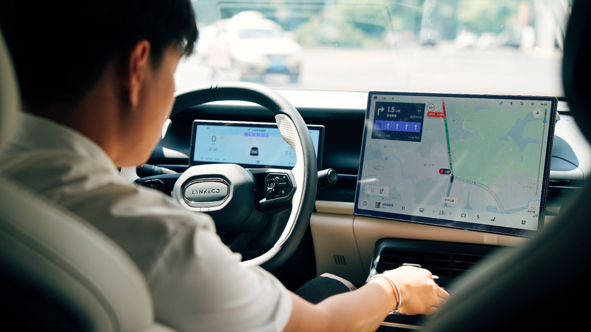 Driver using GPS in a modern car interior. Emphasis on technology and travel.