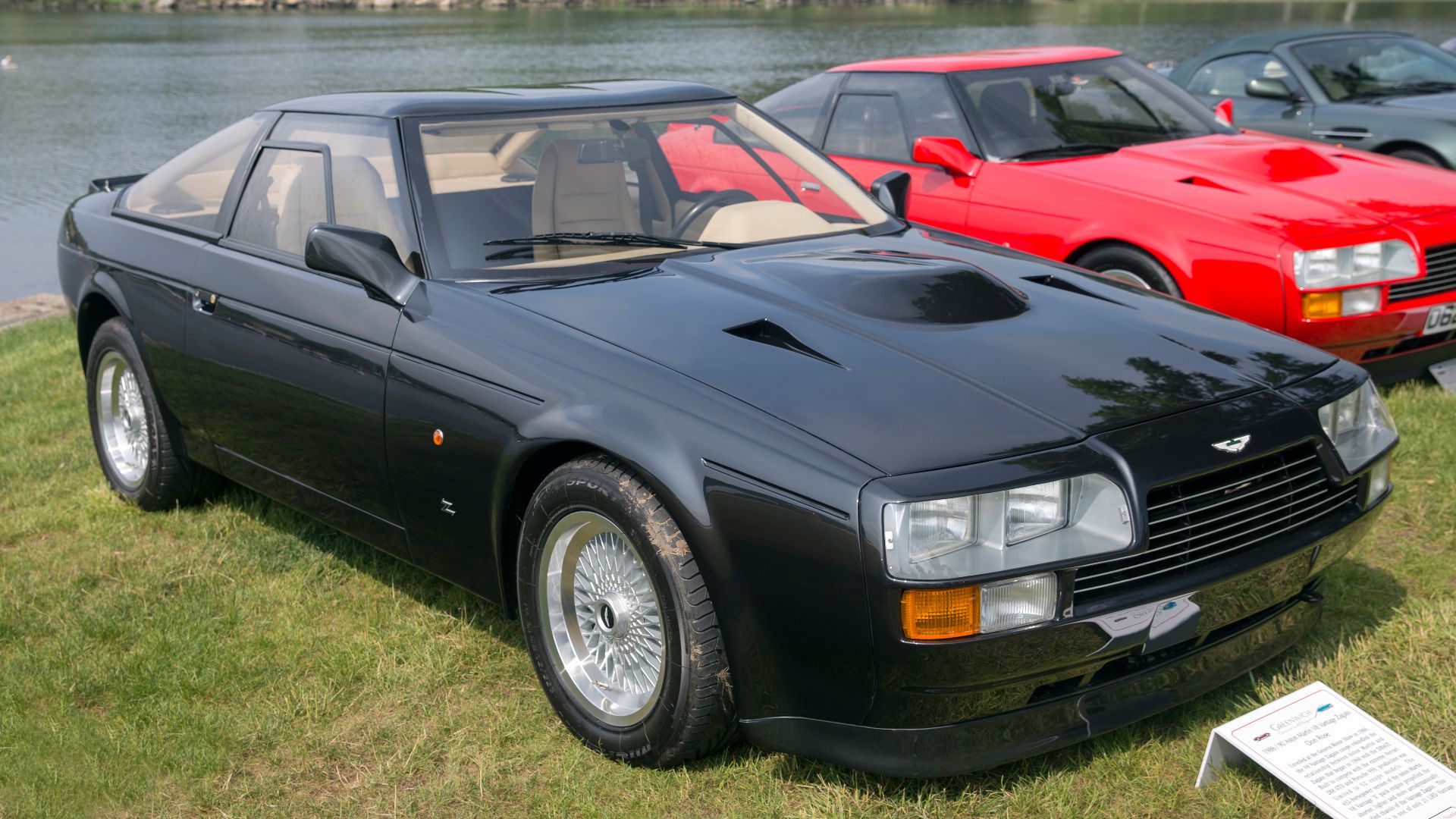 1987/1991 Aston Martin V8 Vantage Zagato, Litchfield Black over Parchment leather. Ordered new (in Javelin Grey over Grey, finished in September 1987) by Abdelaziz bin Khalifa Al Thani of Qatar, he crashed it in Spain in 1989. He then had Aston Martin and