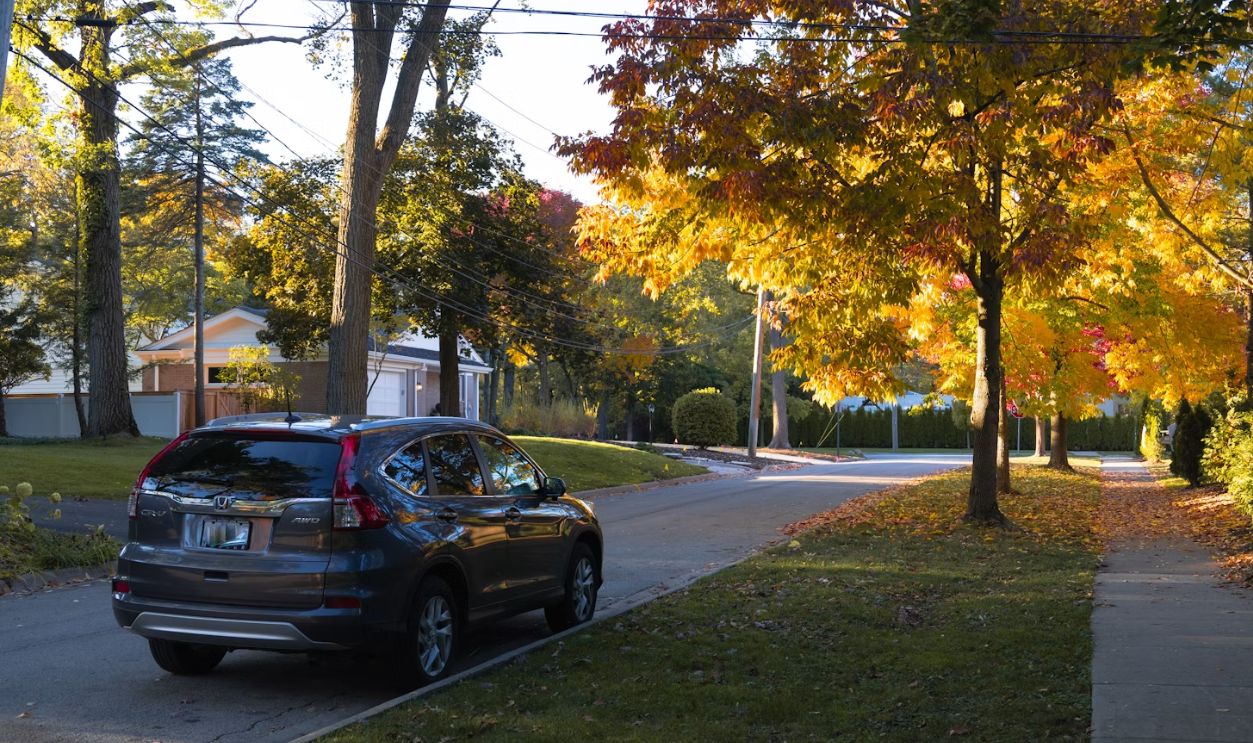 A dark suv parked on a tree-lined street in autumn.