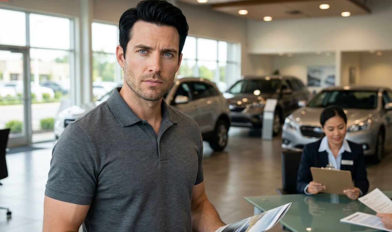 confused man in car dealership, thinking of options