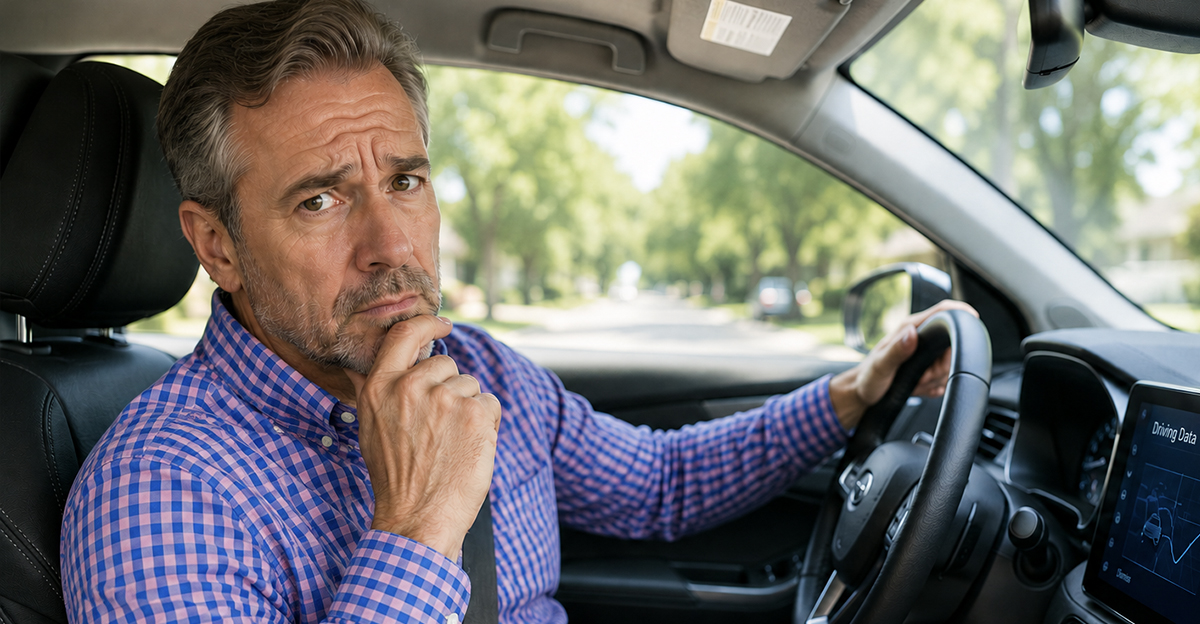 AI-generated image of a man wondering who has access to his car's tracking data.