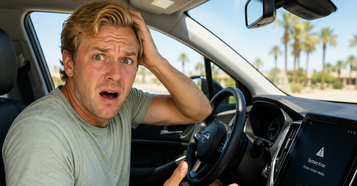 Ai-generated image of a man with a broken touchscreen and climate controls in his car.