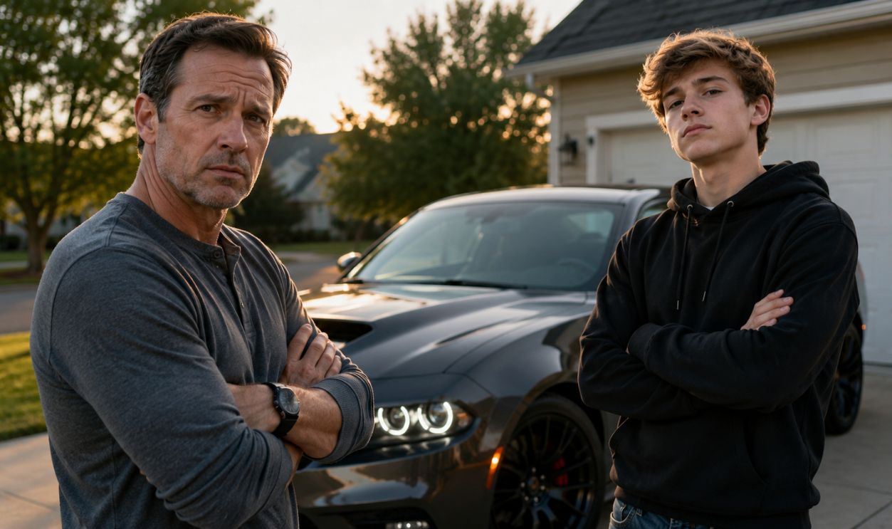 Father and son with powerful car