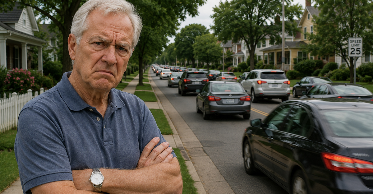 An annoyed older man standing beside a busy street