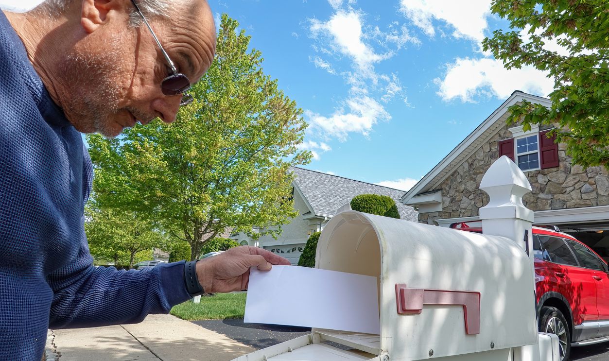 Older bald senior citizen man looks at a white envelope as he takes it out of letterbox