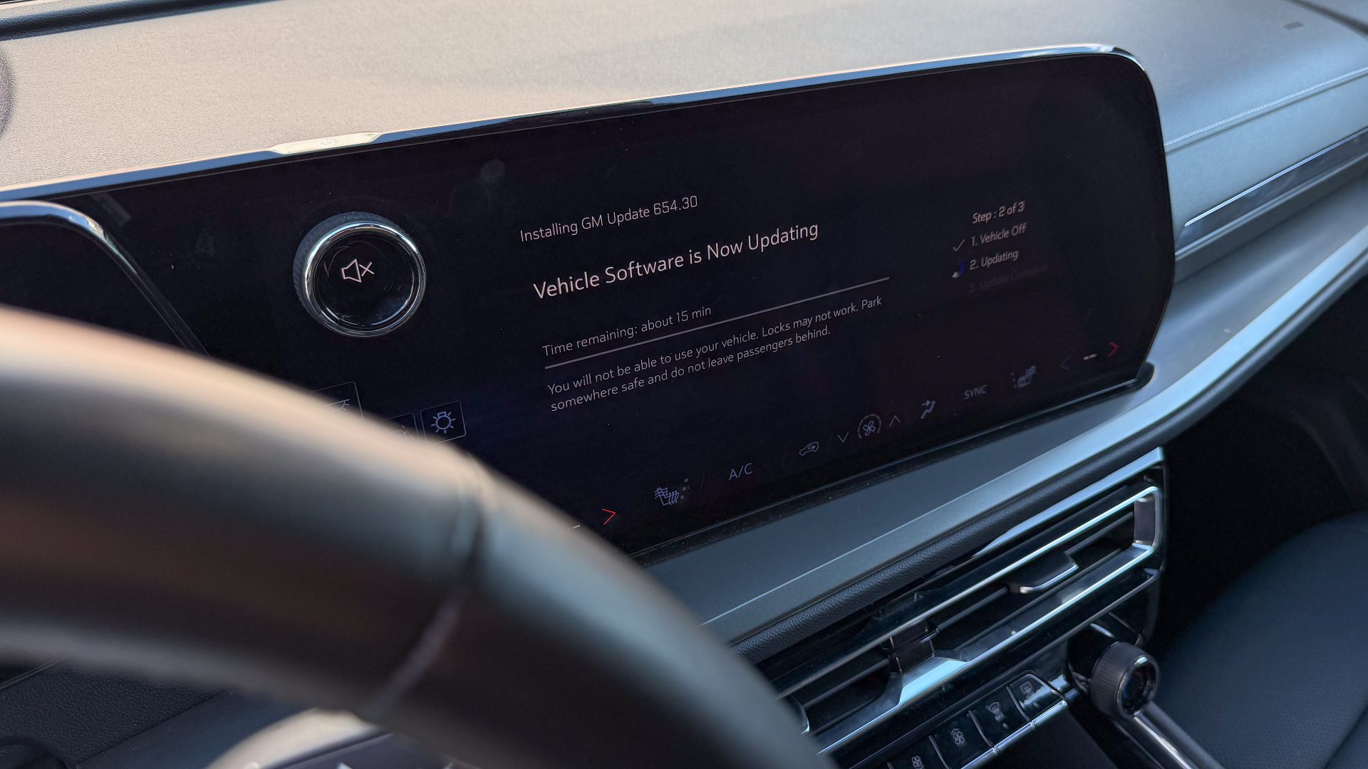 Installation screen of an over-the-air software update in a mid-2020s model General Motors vehicle, potentially a Chevrolet Traverse or Equinox EV