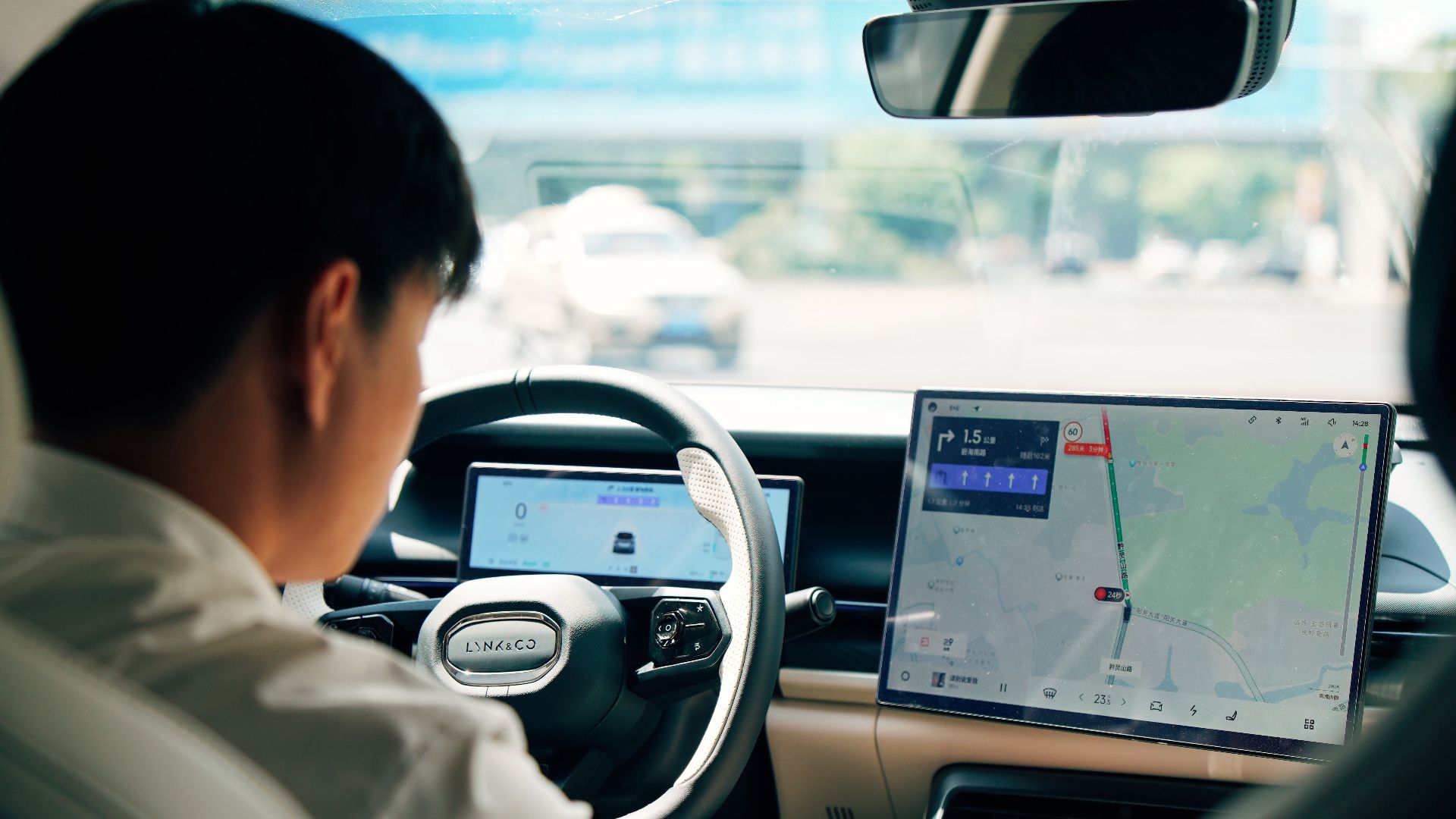 Driver using GPS in a modern car interior. Emphasis on technology and travel.