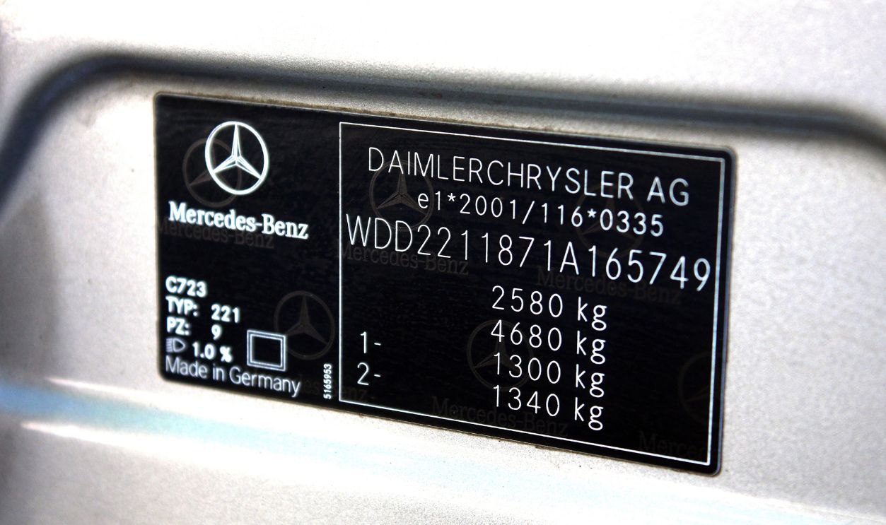 Vinnytsia, Ukraine; September 06, 2025. Mercedes-Benz S-Class car VIN code. Business car VIN Number. Vehicle identification number. Mercedes S350 Long number vehicle. Mercedes W221 car unique code.