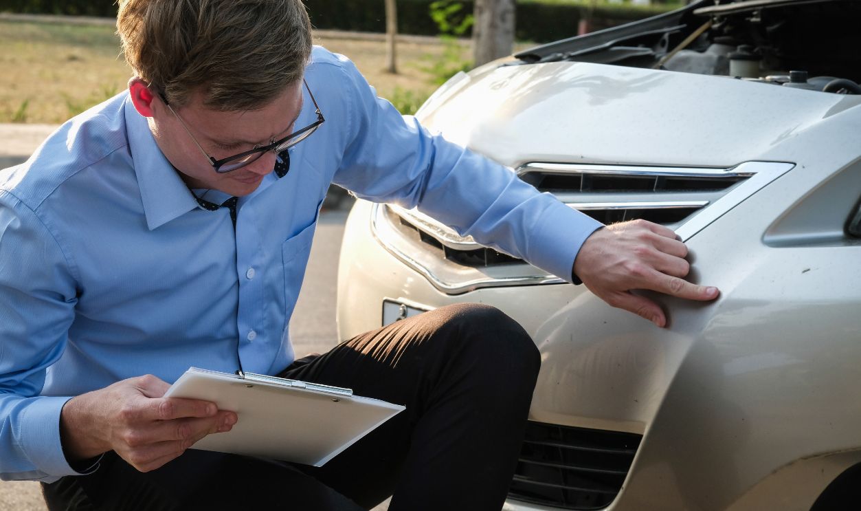male agent examining car broken down by traffic accident. caucasian man filling auto insurance form.