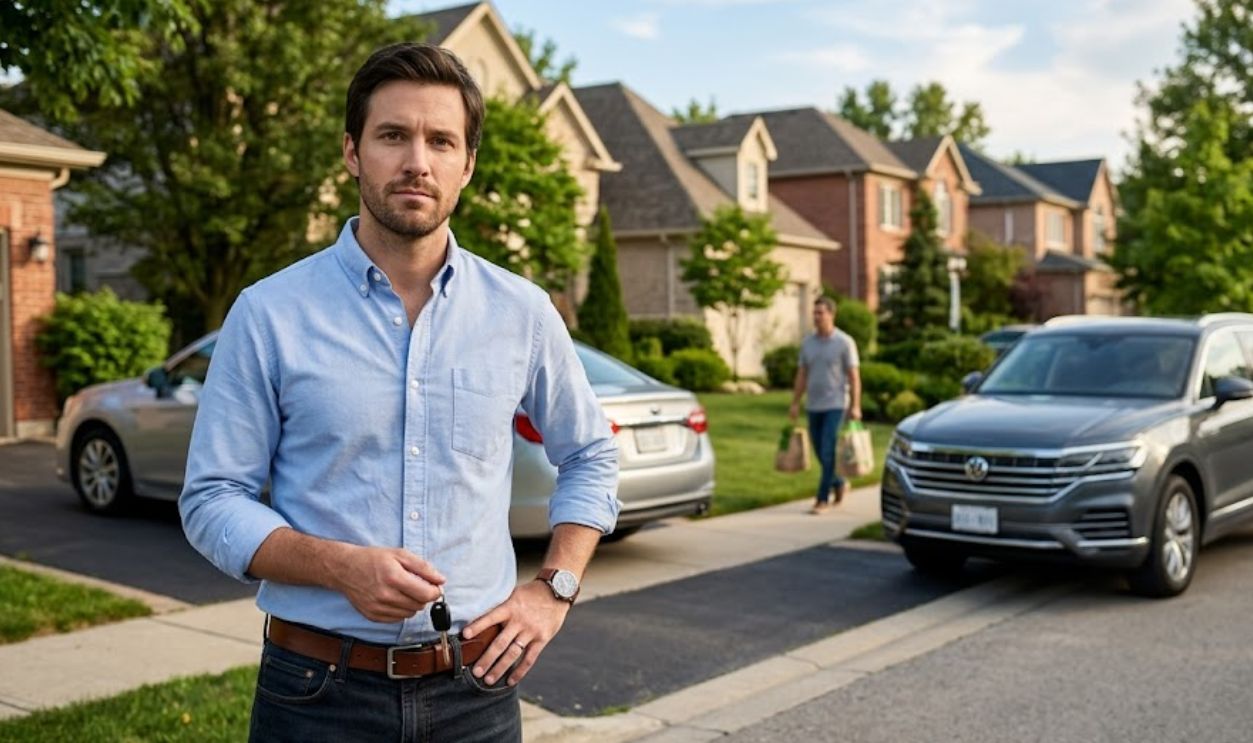 hopeless man standing on street with cars in background