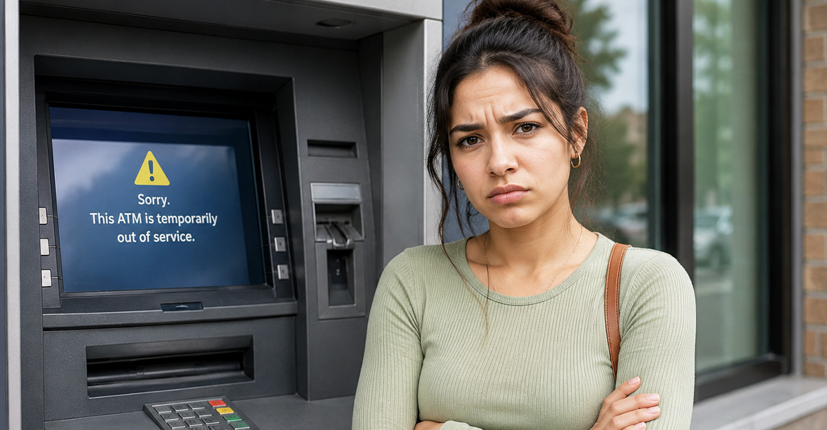 AI-generated image of a woman standing in front of a malfunctioning ATM.