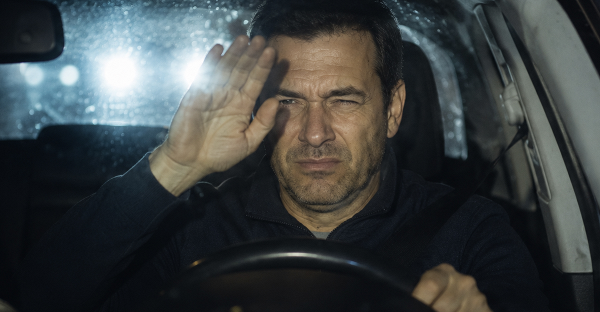 Man driving in the dark, getting blinded by another car's high beams.