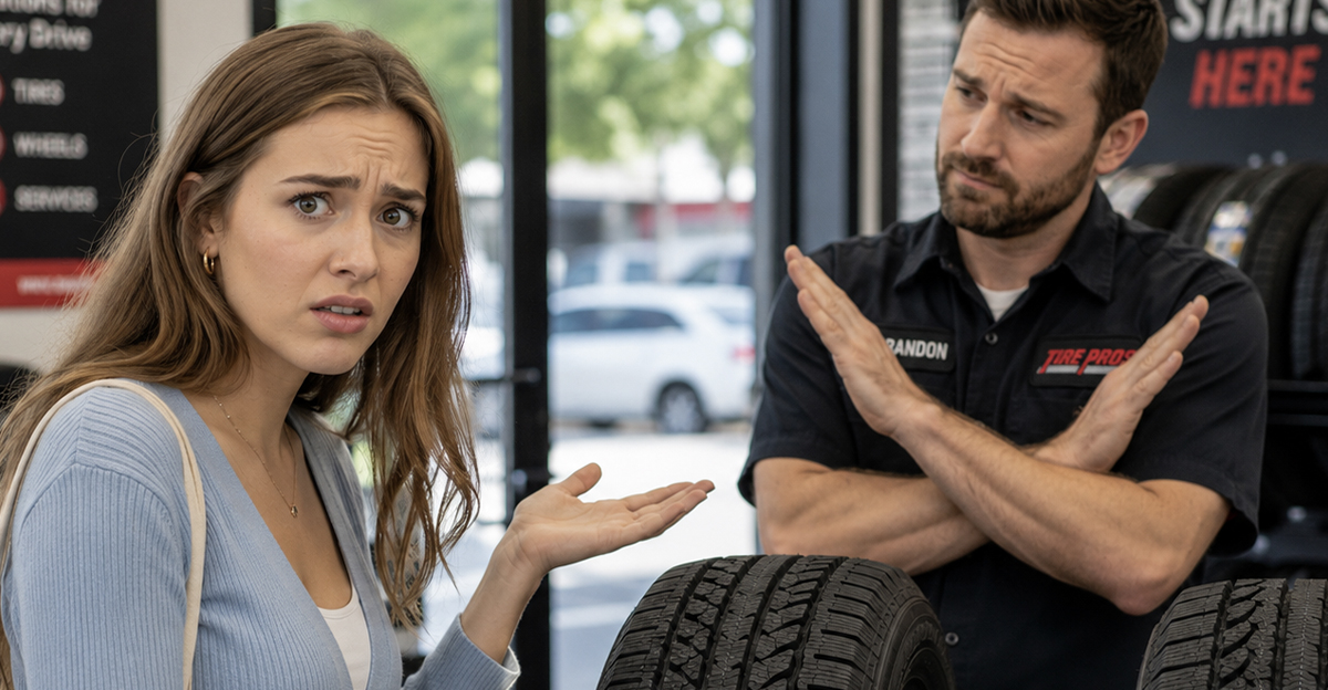 Young woman interacting with a mechanic, trying to choose the right tires.