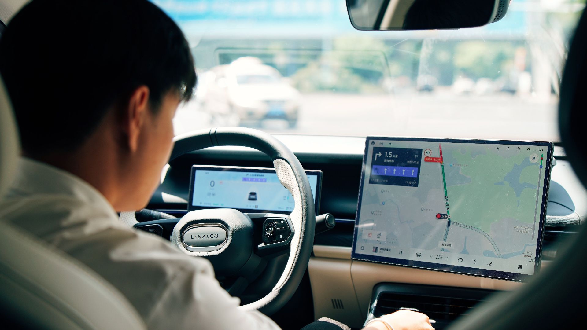Driver using GPS in a modern car interior. Emphasis on technology and travel.