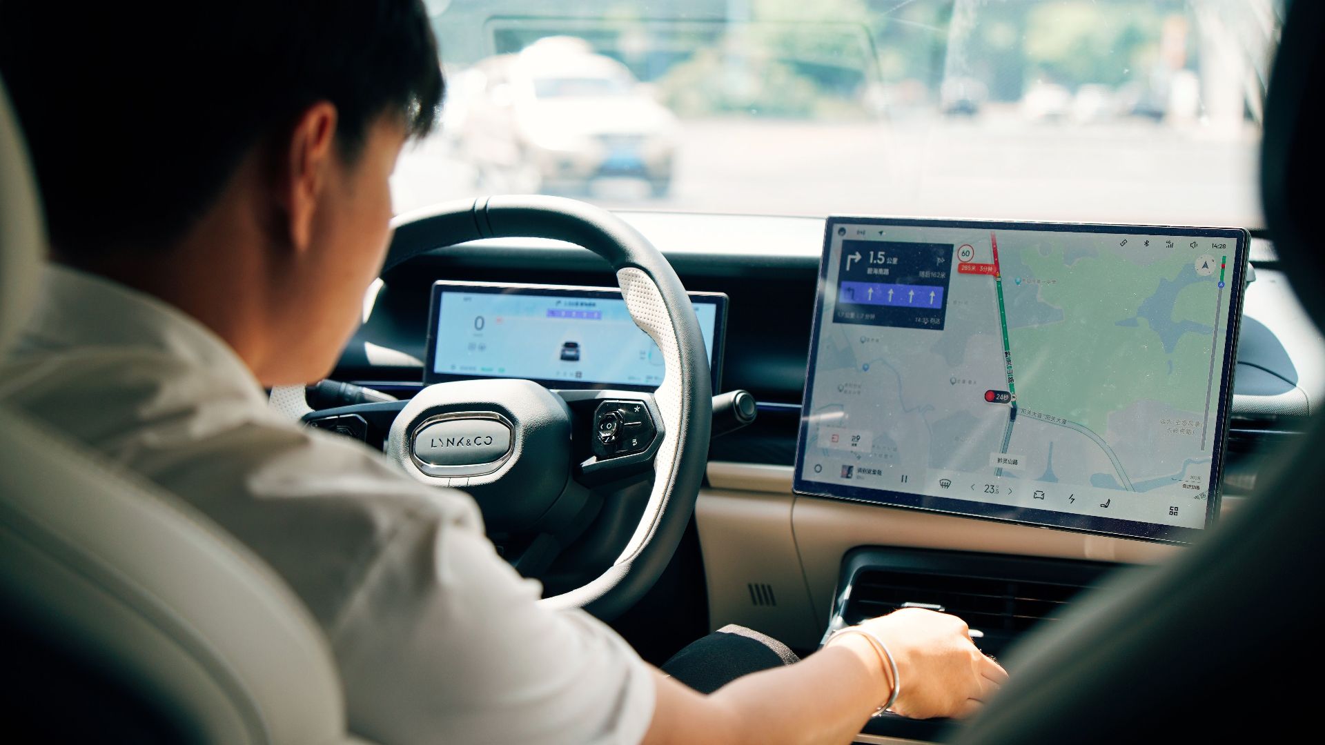 Driver using GPS in a modern car interior. Emphasis on technology and travel.
