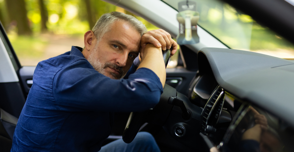 Young man sitting inside car is very upset and stressed