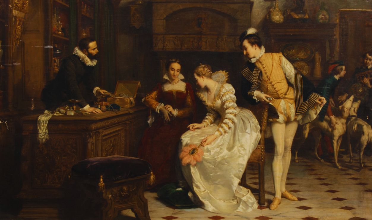 Gettyimages - 1345188515, Jeanne Dalbret Buying Poisoned Gloves From Catherine De Medicis Parfumeur..., Jeanne d'Albret Buying Poisoned Gloves from Catherine de Medici's Parfumeur, René , 1852-1858. Private Collection. Artist Comte, Pierre Charles (1823-1895).