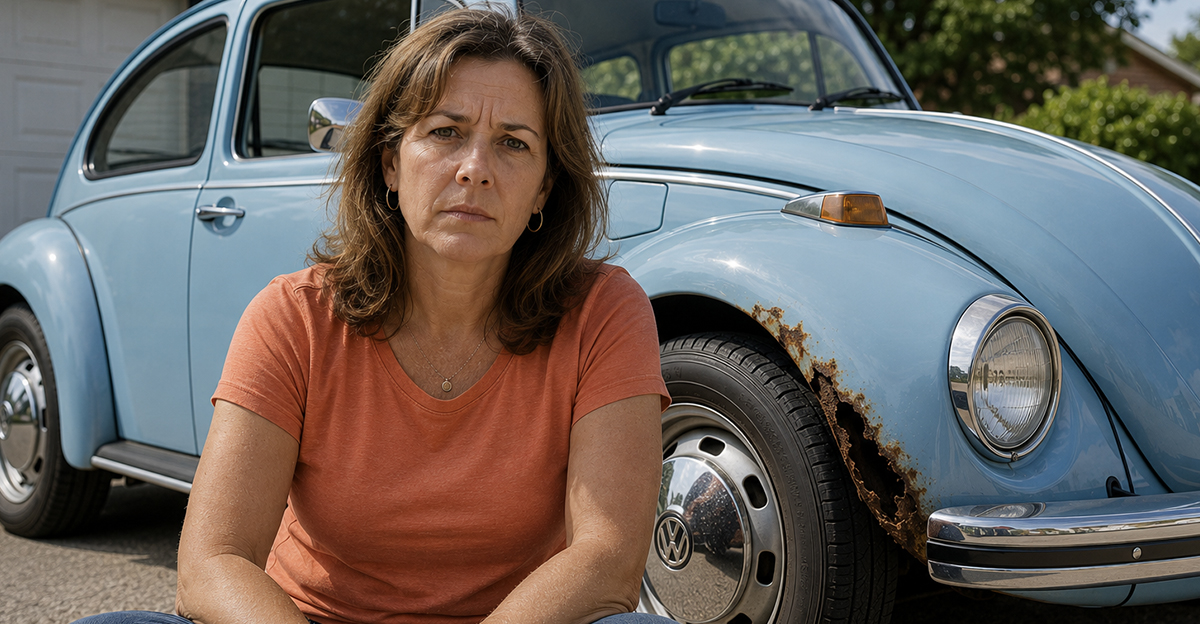 AI-generated image of a woman with a rusty car.