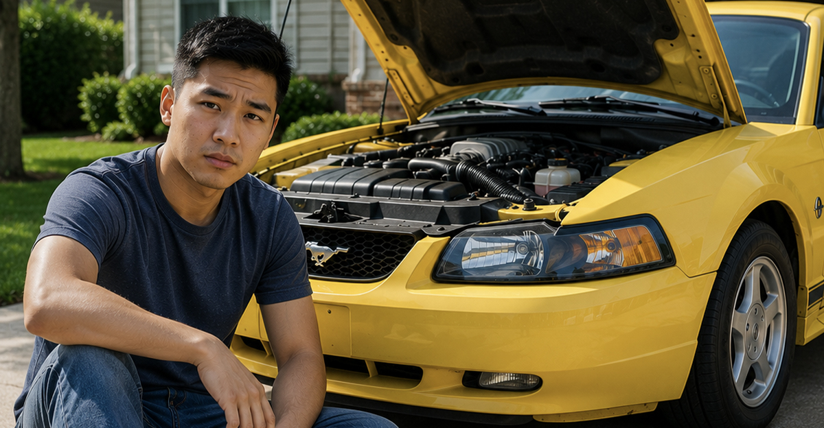 AIAI-generated image of a man worried about skipping an oil change and damage to his engine.