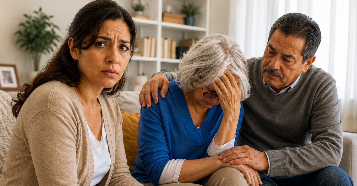 AI-generated image of woman sitting on sofa next to mature couple