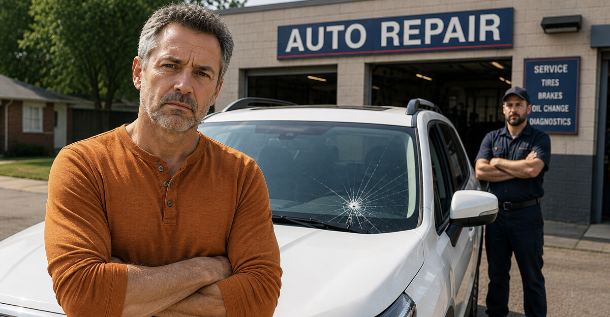 AI-generated image of a man seeking compensation after his mechanic cracked his windshield.