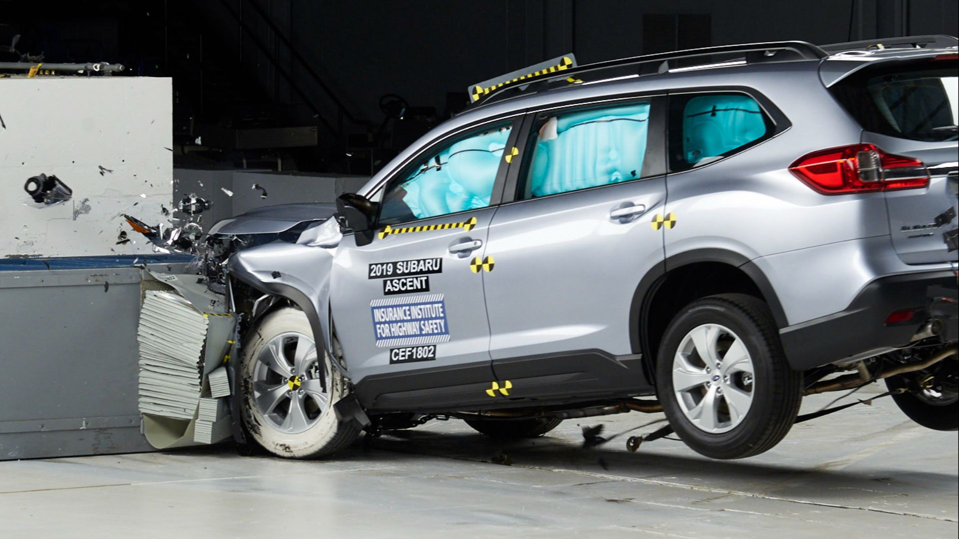 Crash test of a 2019 Subaru Ascent at the Insurance Institute for Highway Safety.