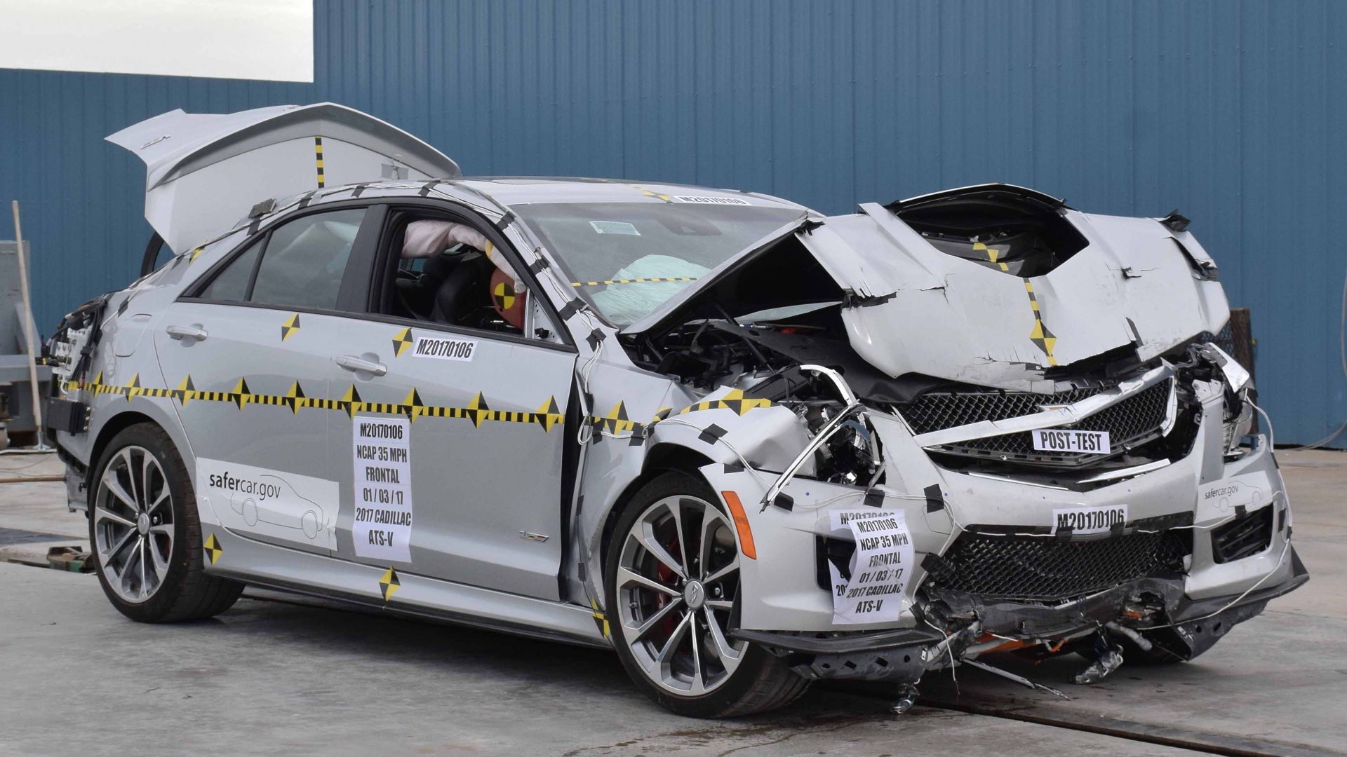Frontal full-width 35 mph (56 kph) crash test of a 2017 Cadillac ATS-V.