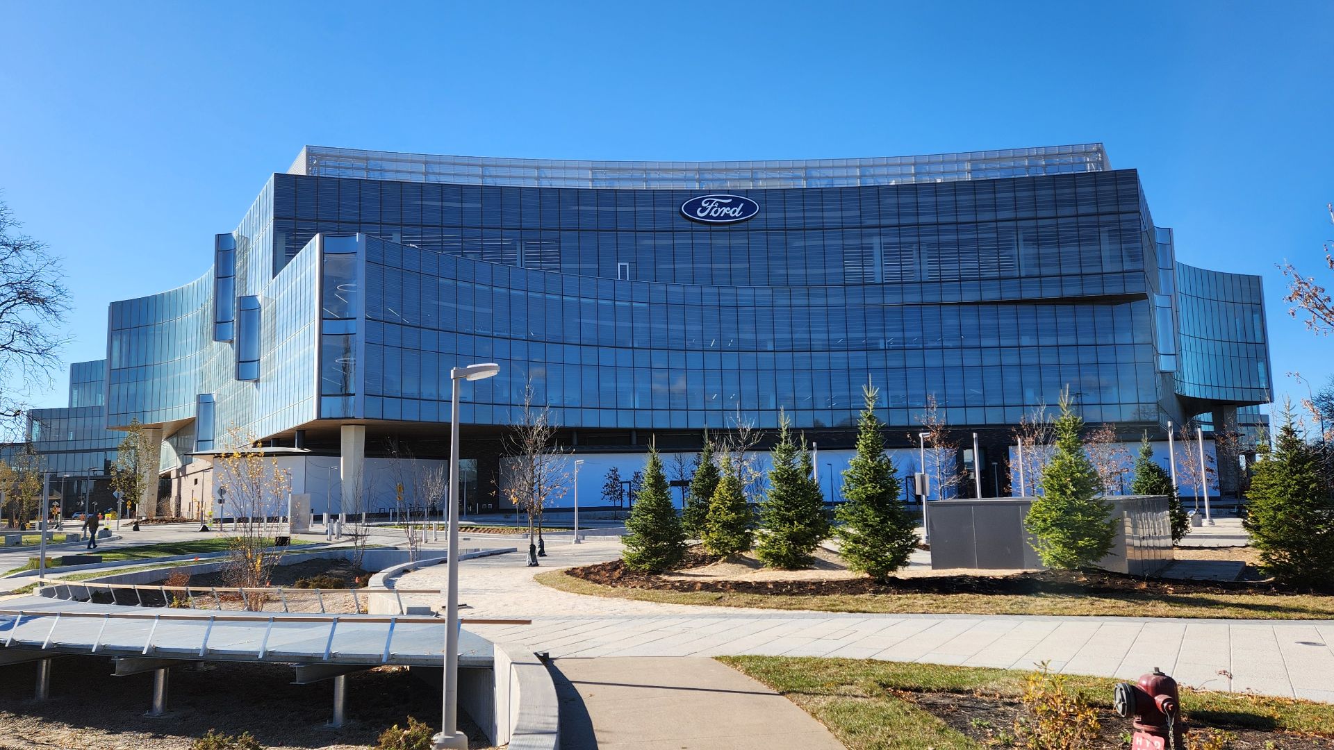 Exterior of the new Ford World Headquarters in Dearborn, Michigan, United States, seen the day after its grand opening.
