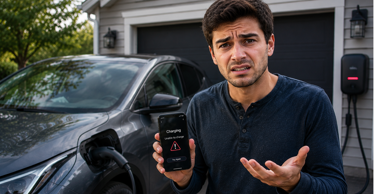 Man standing beside EV with dead battery