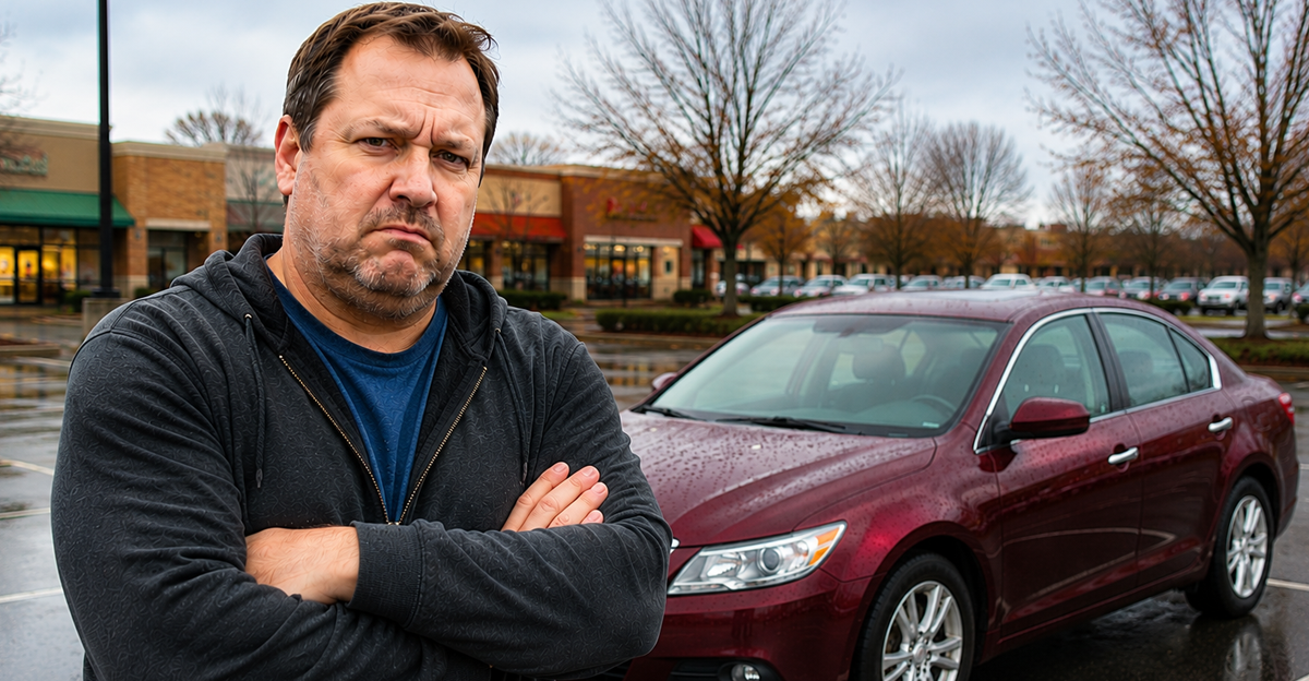 Man withMan standing in parking lot next to red cararms crossed standing in parking lot beside red car