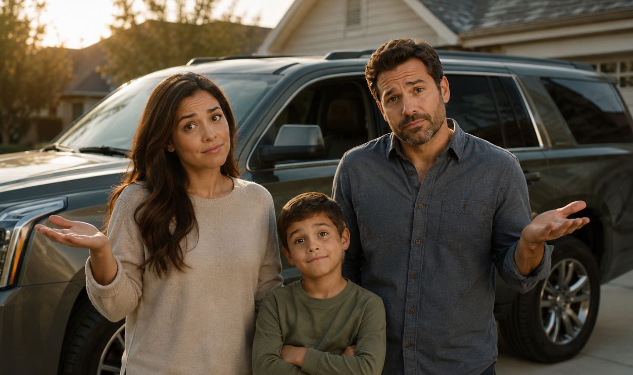 Family shrugging in the driveway