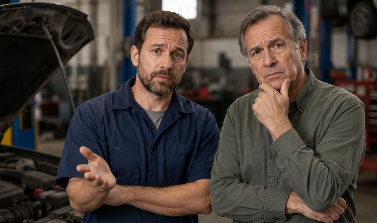 Garage discussion over car troubles