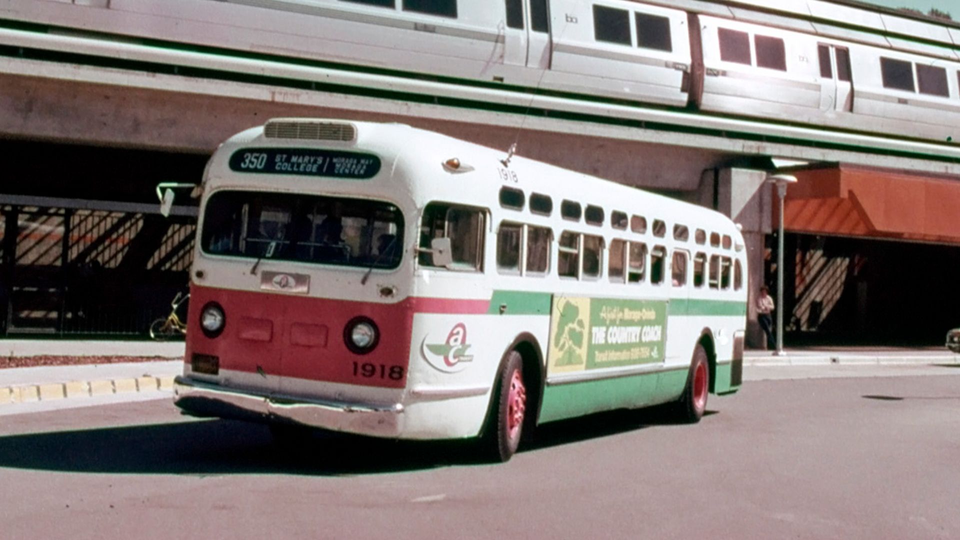 AC Transit route 350 bus at Orinda station in the late 1970s or early 1980s