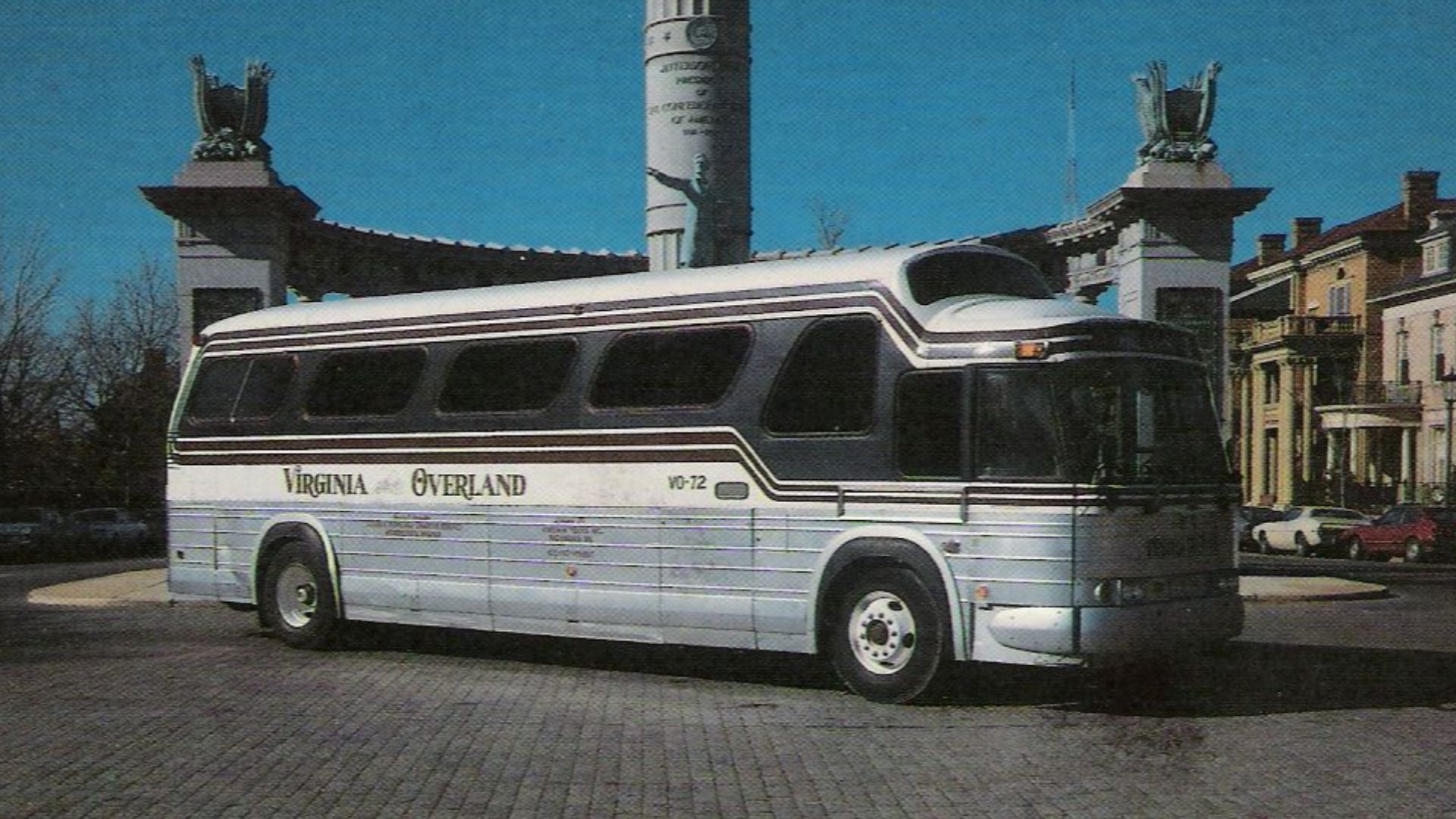 Virginia Overland Bus # VO-72, a 1972 GMC P8M4108A motorcoach, at Jefferson Davis Monument on Monument Avenue in Richmond, 1983 photo.