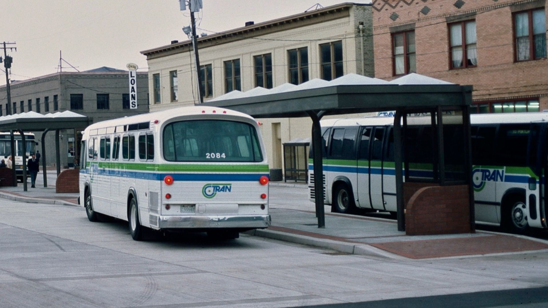 C-Tran's 7th Street Transit Center, in downtown Vancouver, Washington, on November 8, 1984. The transit center was brand new at this time, having opened on November 5, 1984 (replacing a cramped off-street loop located seven blocks to the north).  In the c