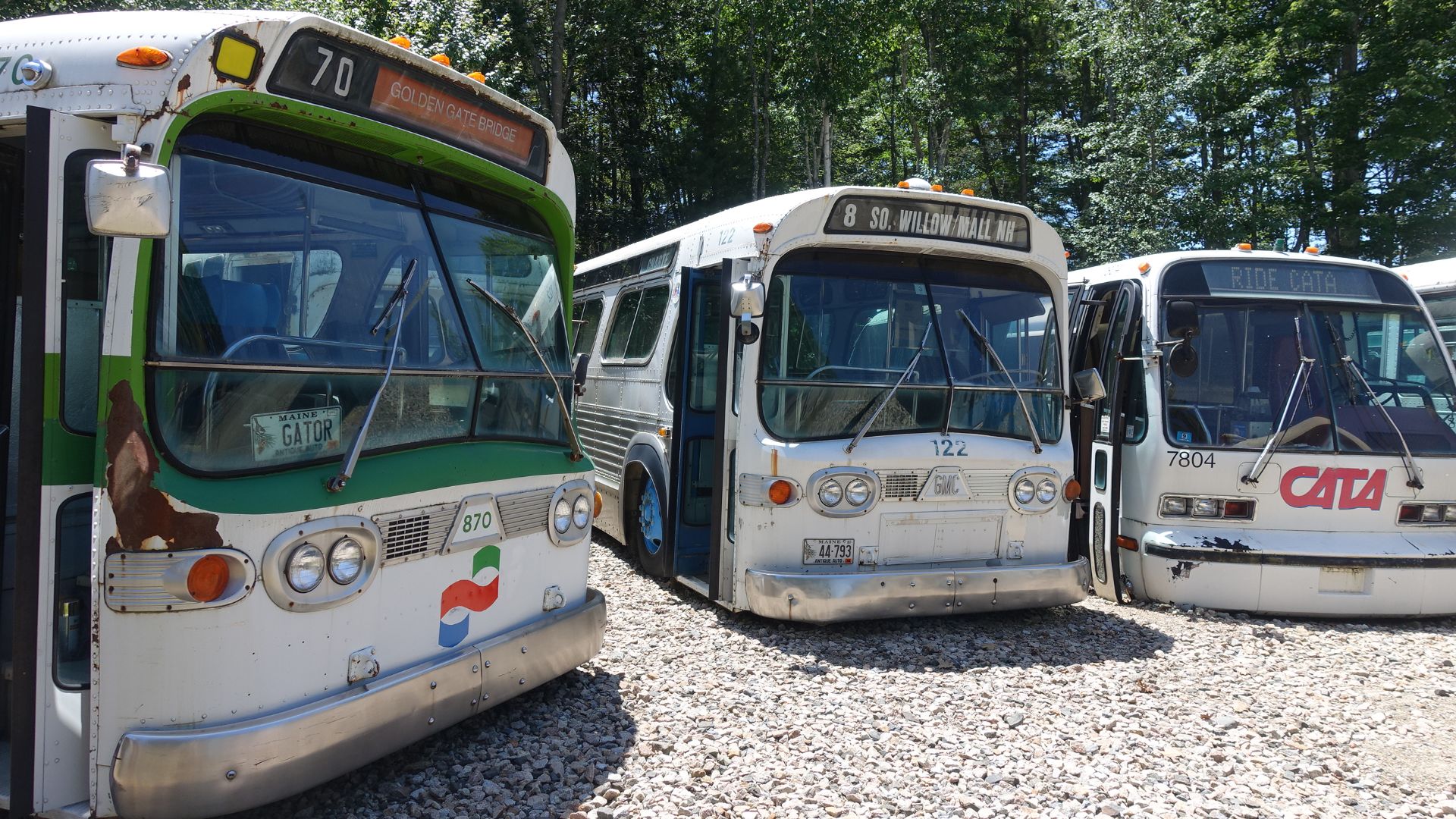 Three buses on display at Seashore Trolley Museum: Golden Gate Transit #870 (GM New Look), Manchester Transit Authority #122 (GM New Look), and CATA #7804 (GMC RTS)