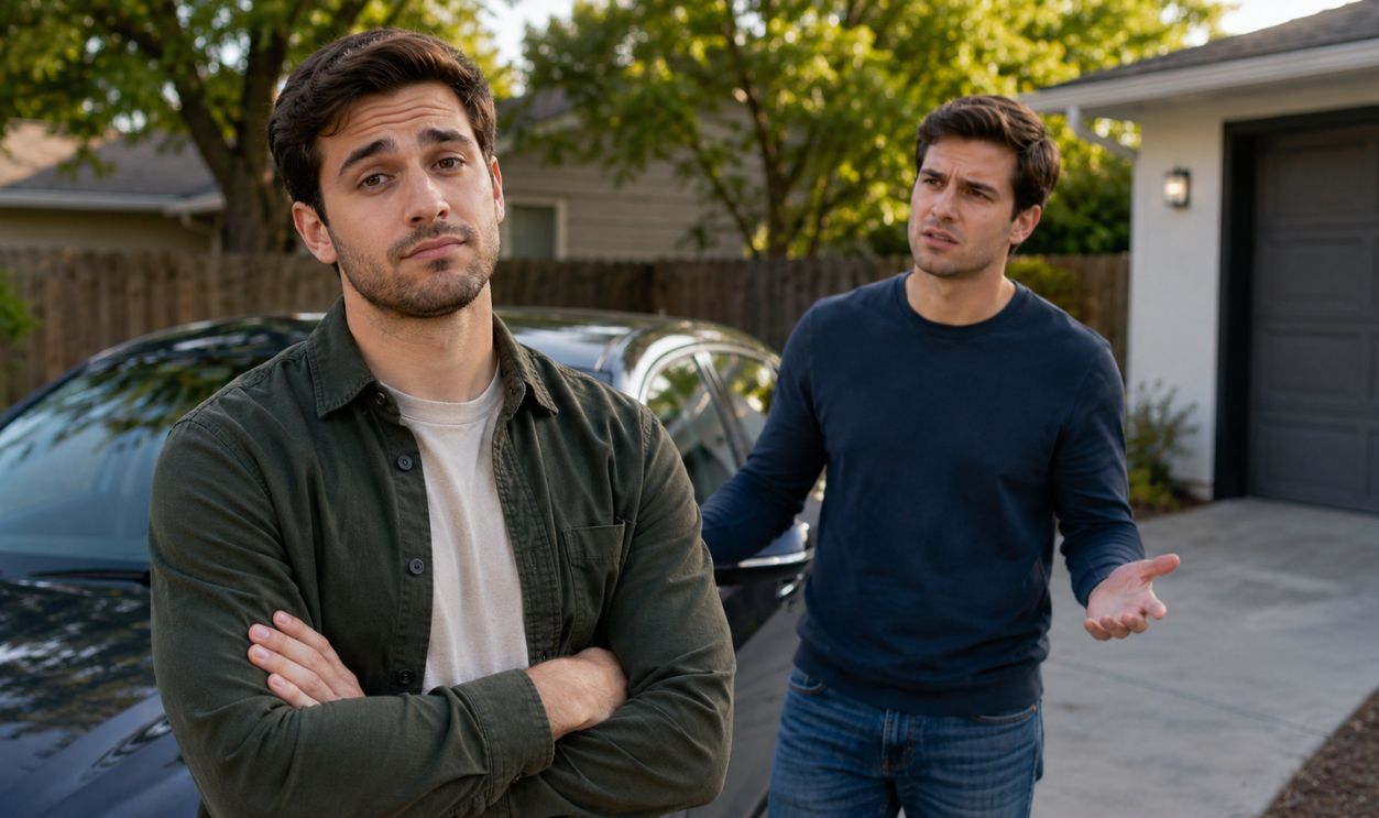 Tense conversation in the driveway